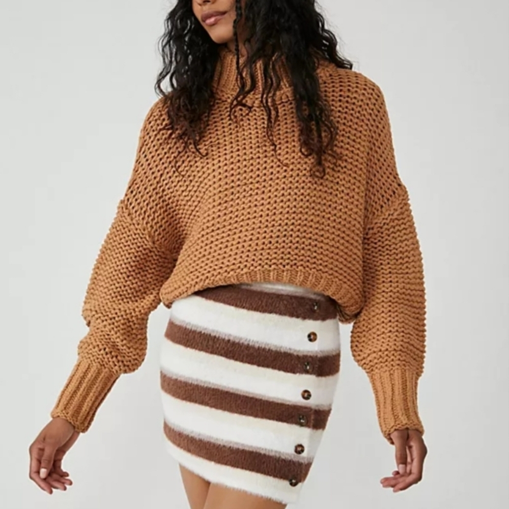 NWT Free People Ciara Sweater Mini Skirt Brown and White Striped Cashmere Combo